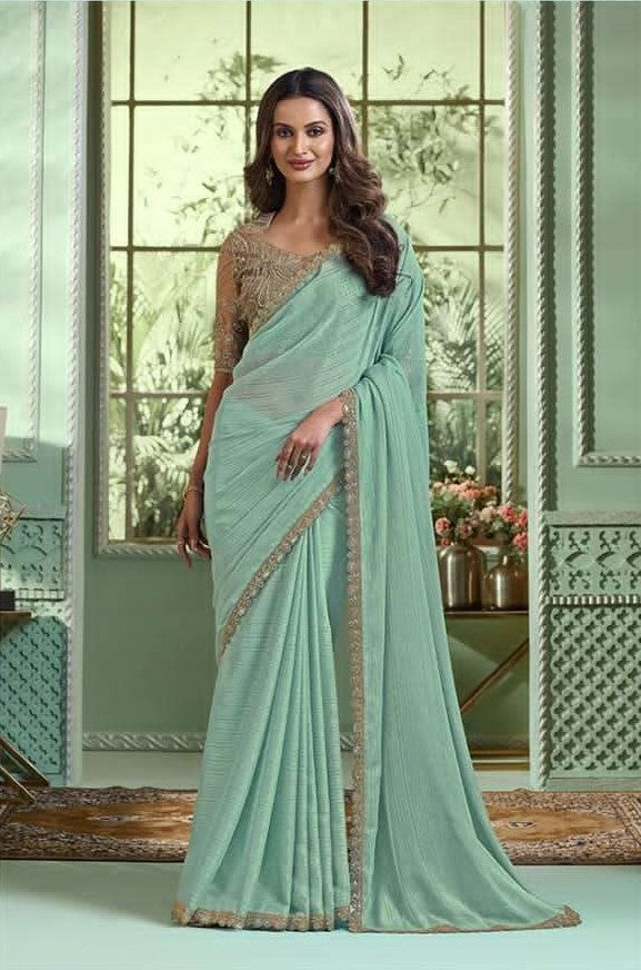 Elegant Sky Blue Chiffon Silk Saree | Gold Weave for Weddings