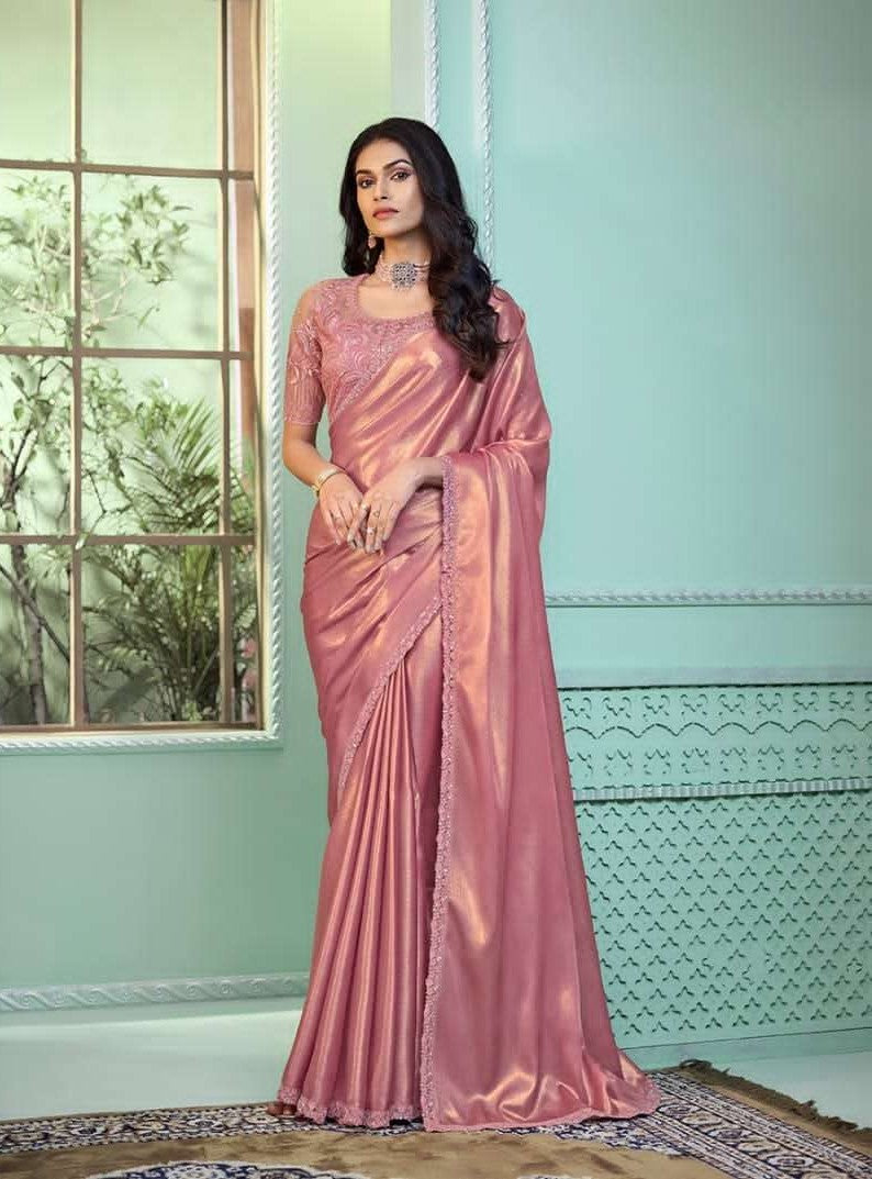 Elegant Dusty Pink Georgette Silk Saree | Silver Pattern for Weddings