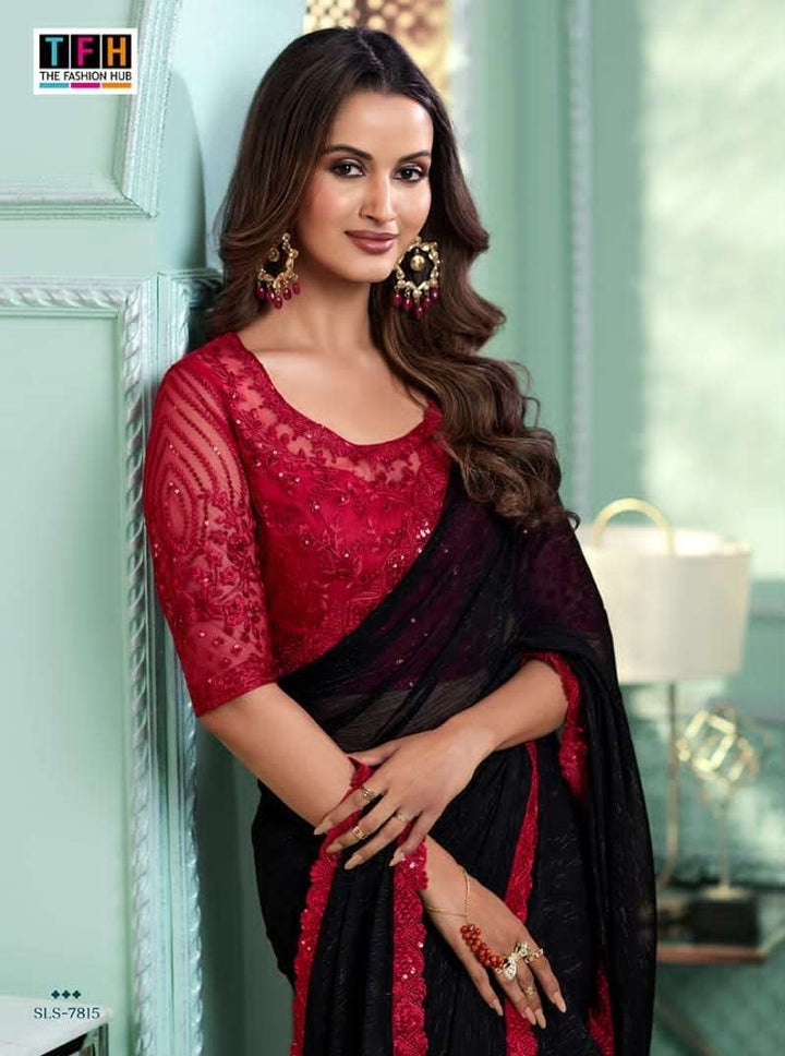 Elegant Black Chiffon Saree | Pure Indian Sadi for Formal Events