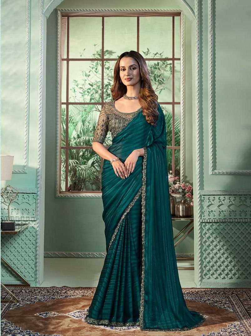 Bottle Green Golden Shimmer Georgette Saree | Elegant Lacework Indian Sari