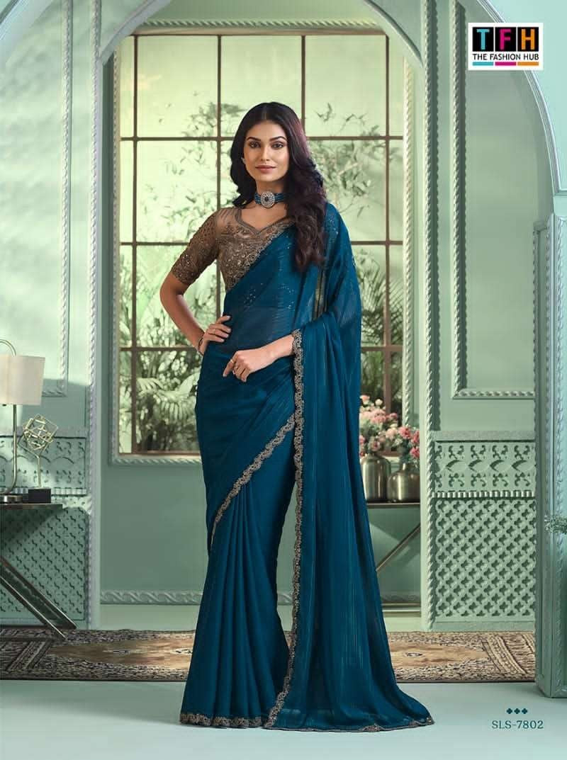 Teal Blue Rainbow Georgette Saree | Lacework Designer Indian Sari