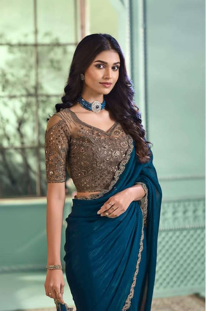 Teal Blue Rainbow Georgette Saree | Lacework Designer Indian Sari