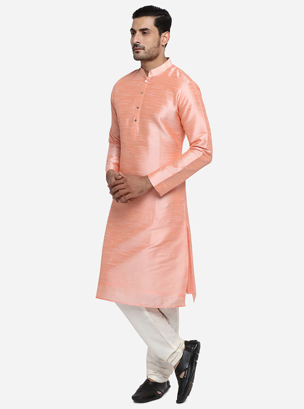 Self-design peach kurta set for men, combining comfort with stylish basics for all-day outings.