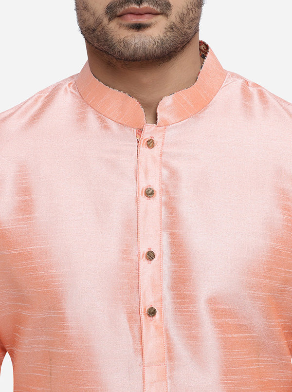 Chic self-design peach kurta set, tailored for fashion-forward men in the USA.