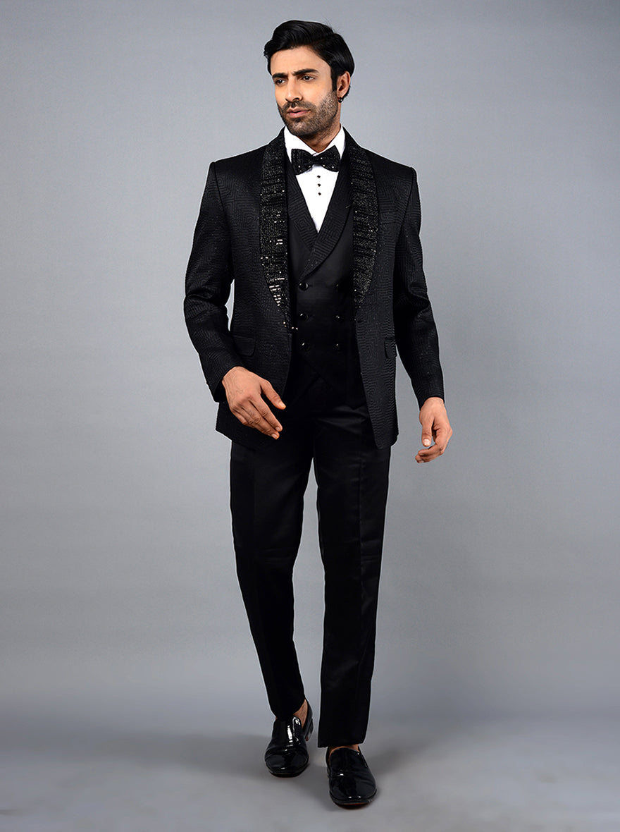 Stylish embroidered black suit for men, crafted from a silk blend for a sophisticated and comfortable fit.