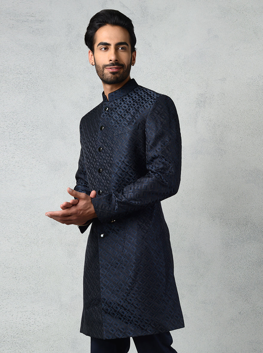 Modern teal black Indo-Western kurta with black metal buttons and structured cut for a classic ethnic look.