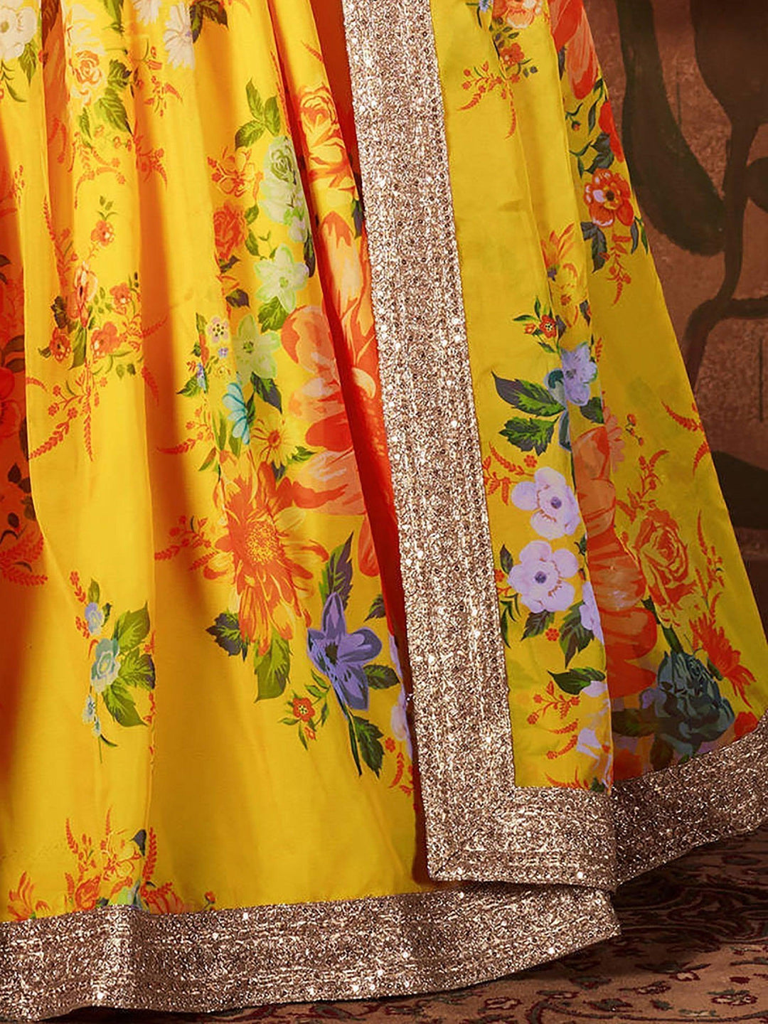 Festive Yellow Lehenga Choli | Digital Print Organza with Peach Blouse