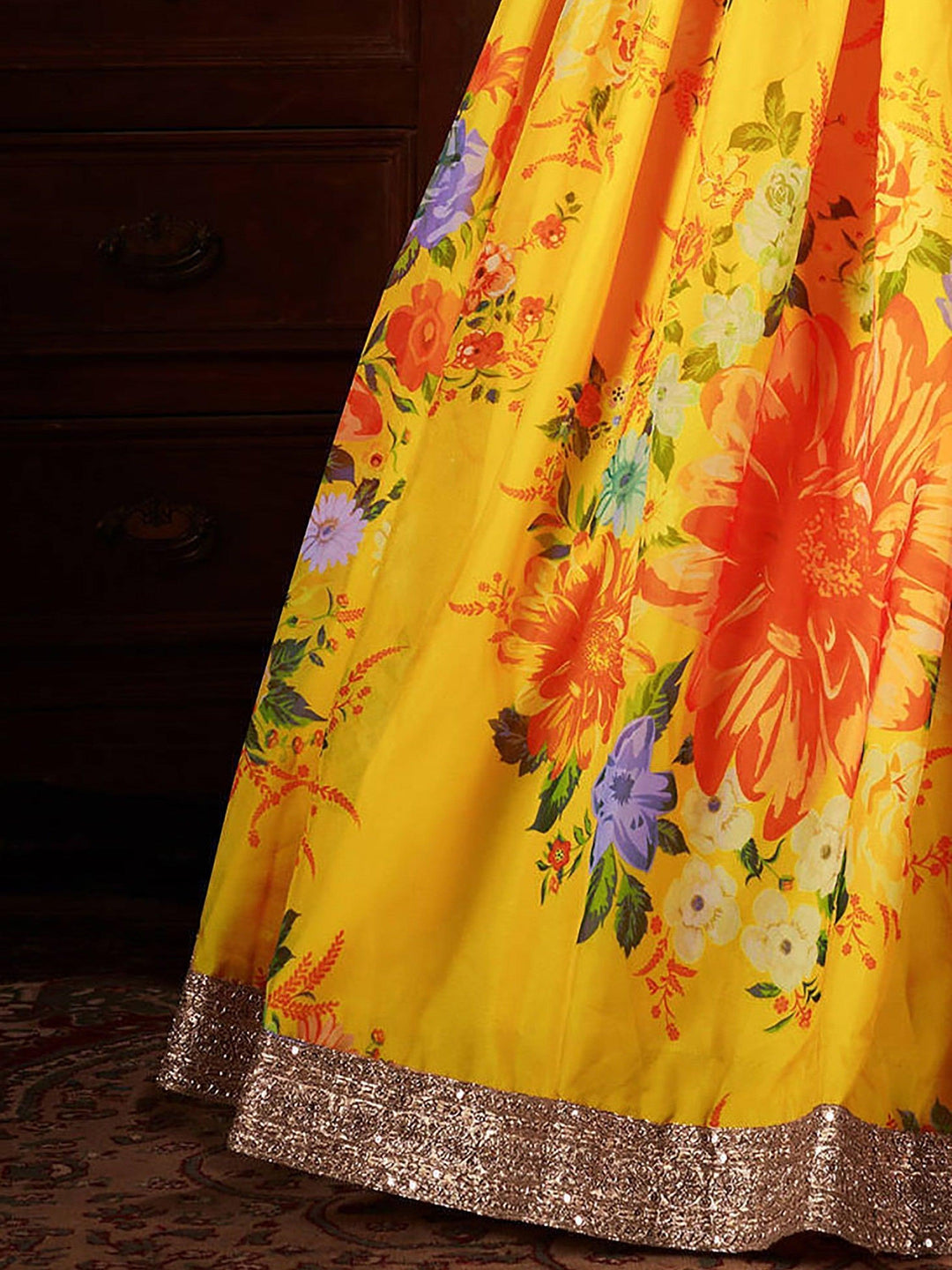 Festive Yellow Lehenga Choli | Digital Print Organza with Peach Blouse