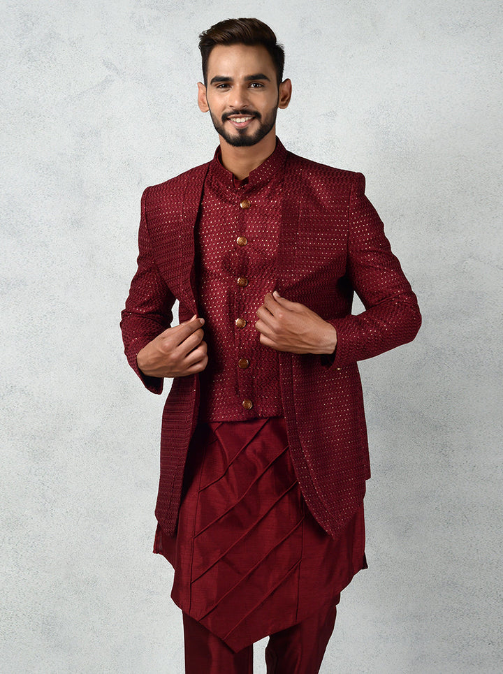 Elevate your ethnic style with this sophisticated Maroon Indo Western outfit, ideal for USA weddings.