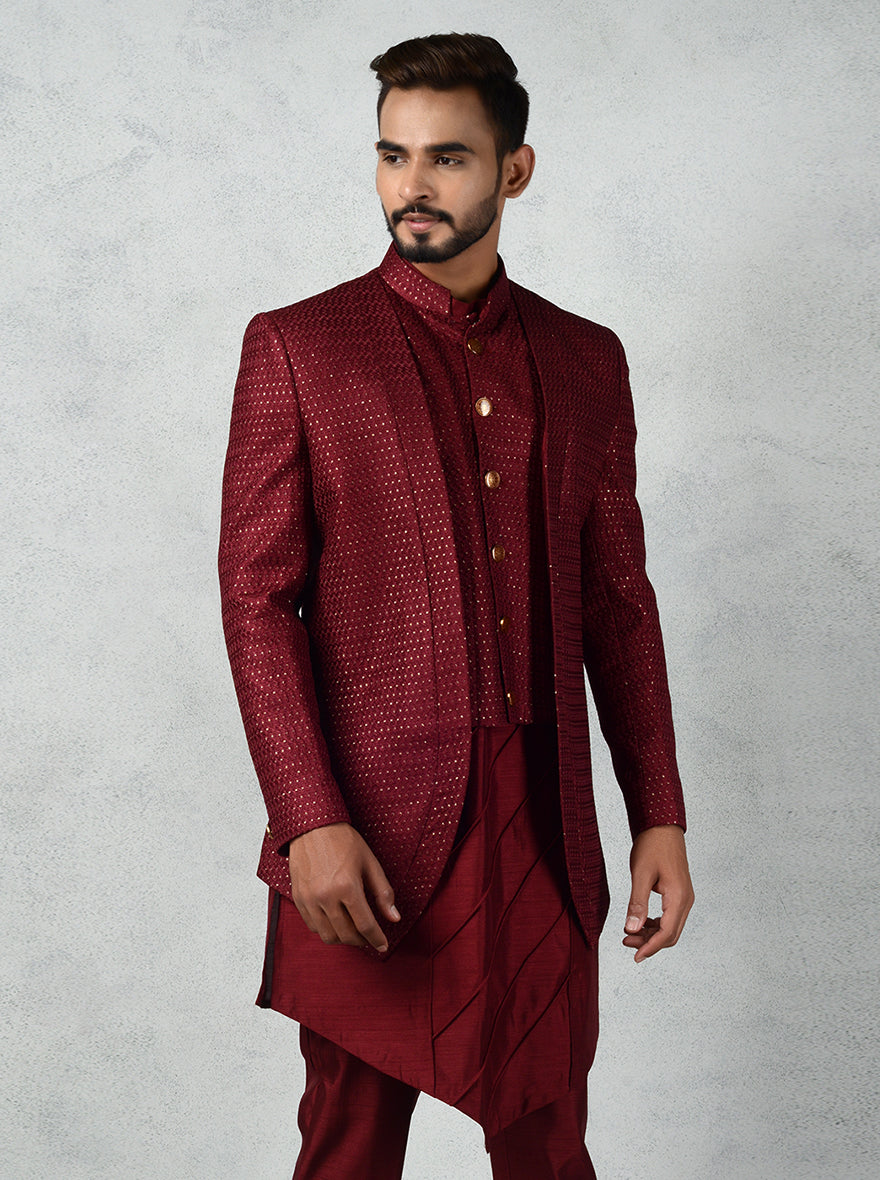 Step out confidently in this Maroon Indo Western outfit, blending tradition with modern elegance for events.