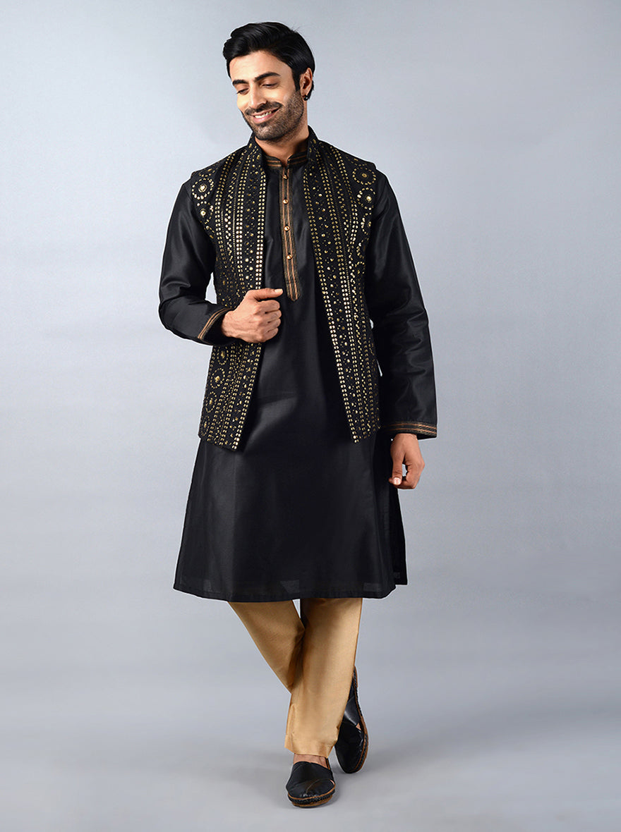 Elegant black kurta set featuring concealed buttons and embroidery, perfect for enhancing your festive look in the USA.