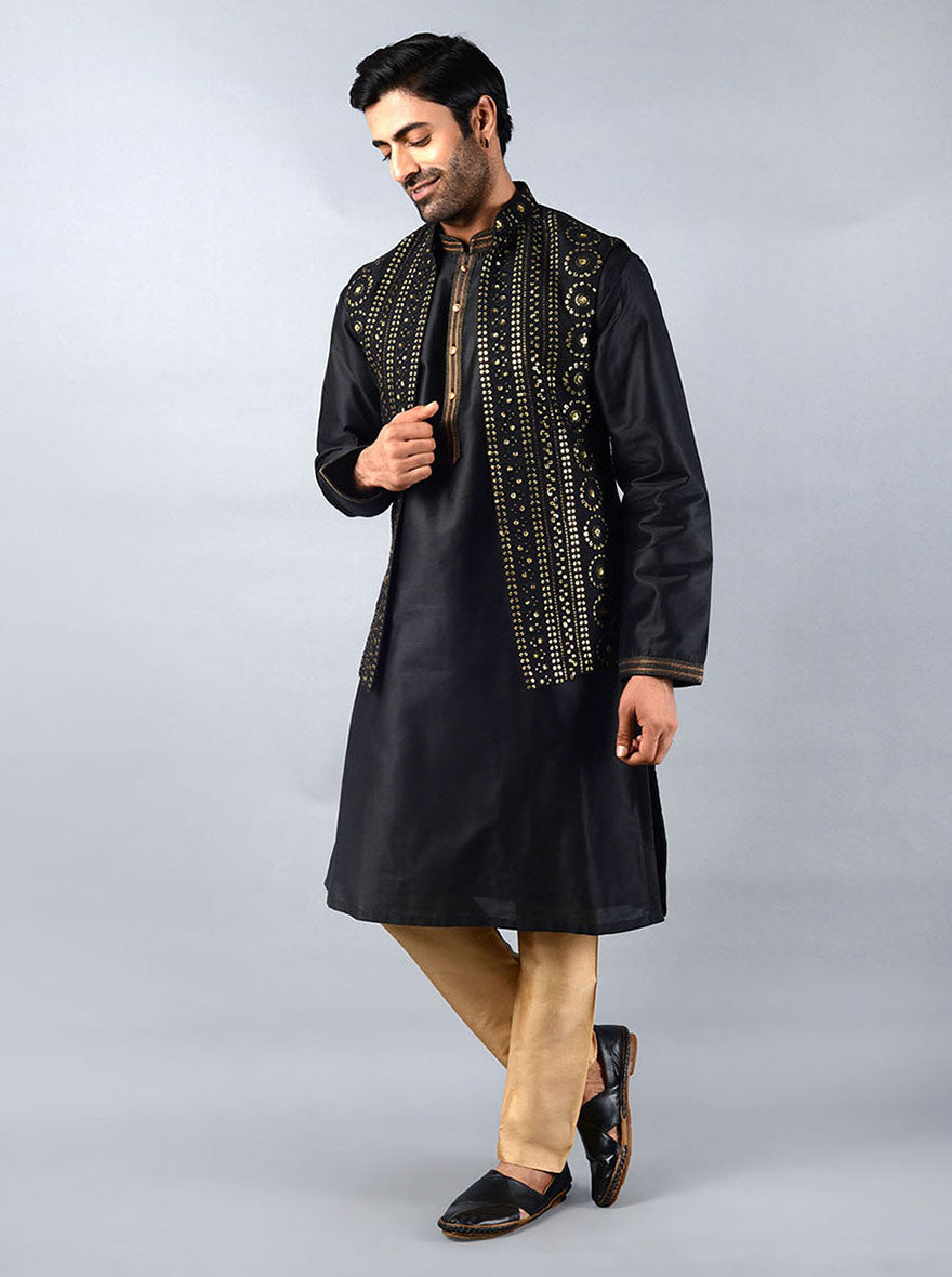 Chic black kurta set with koti, crafted from silk blend for a stylish appearance at celebrations in the USA.