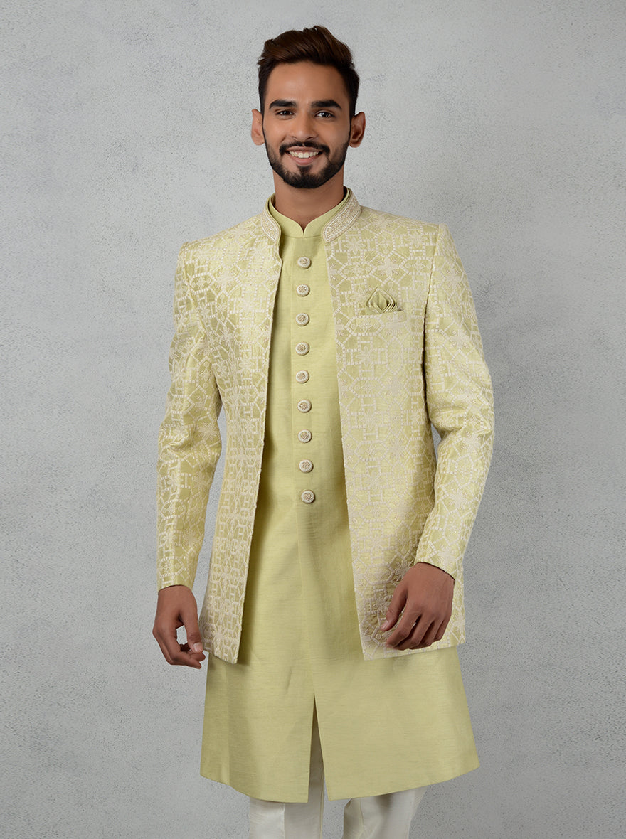 Silk blend pista green Indowestern jacket with embroidery details