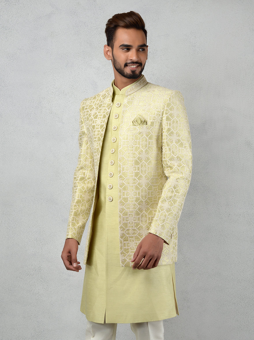 Embroidered pista green Indowestern for engagement and sangeet