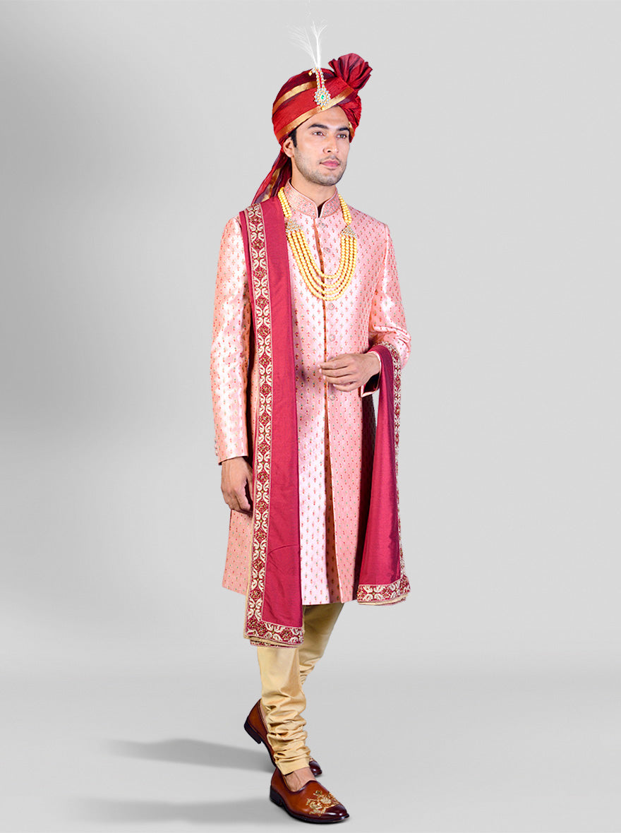 Elevate your wedding style with our light pink printed sherwani, perfect for grooms in the USA.