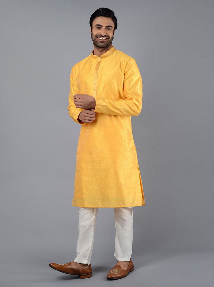 Stylish yellow kurta set made from silk jacquard, ideal for enhancing your traditional wardrobe for Haldi ceremonies in the USA.