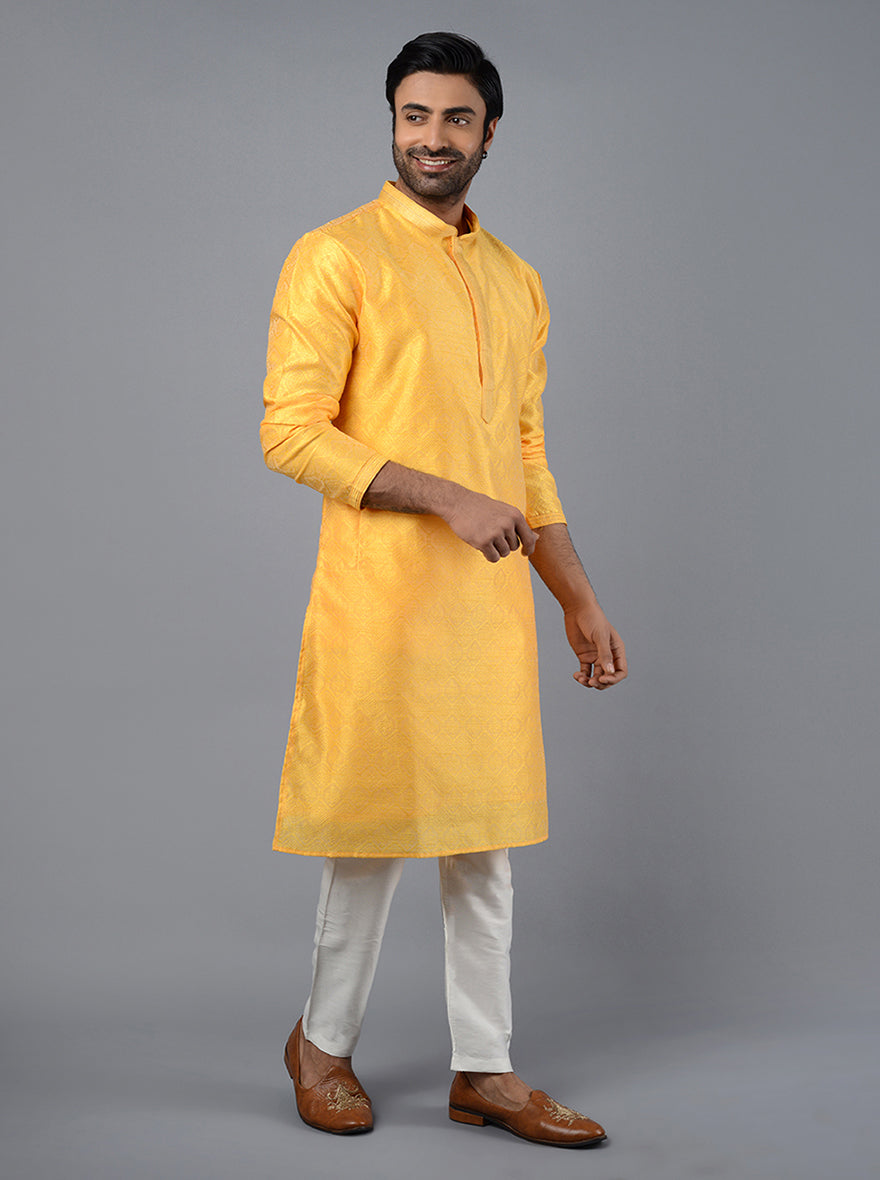 Timeless yellow kurta set crafted from soft silk jacquard, designed for a fashionable look at Haldi ceremonies in the USA.