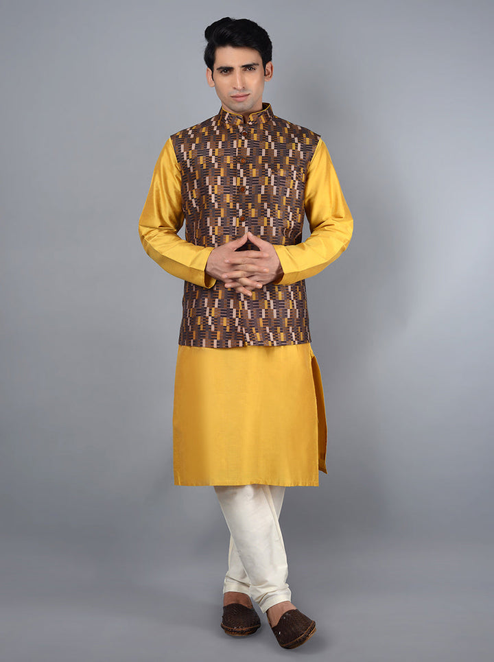 Chic yellow & brown Bandhgala jacket with intricate designs, ideal for making a statement at any occasion.