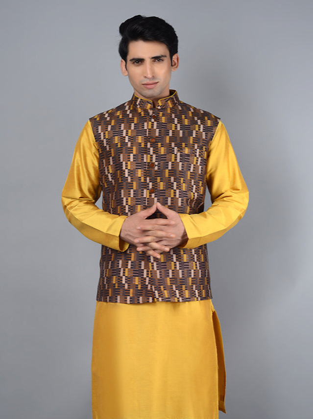 Elegant Yellow & Brown Bandhgala Jacket | Luxurious Silk Blend with Intricate Prints