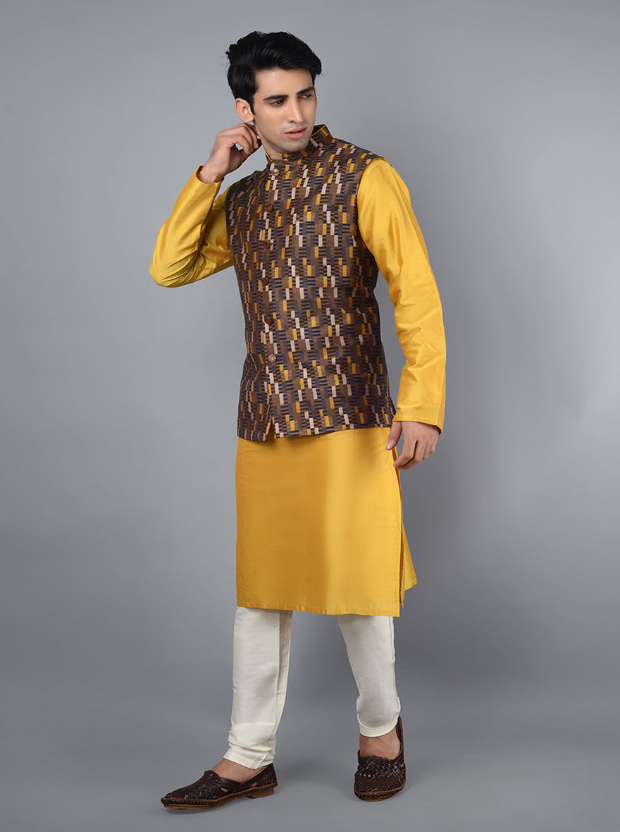 Elegant Yellow & Brown Bandhgala Jacket | Luxurious Silk Blend with Intricate Prints