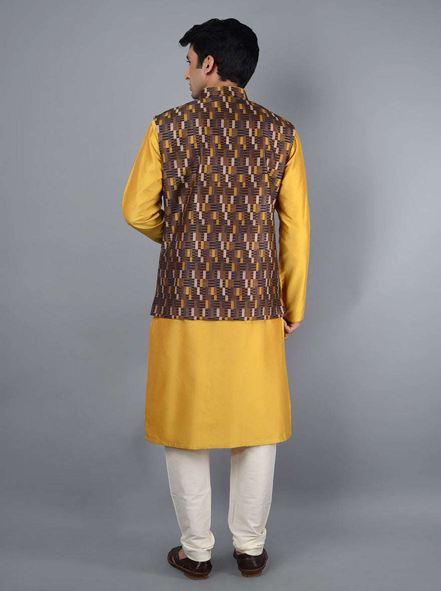 Elegant Yellow & Brown Bandhgala Jacket | Luxurious Silk Blend with Intricate Prints