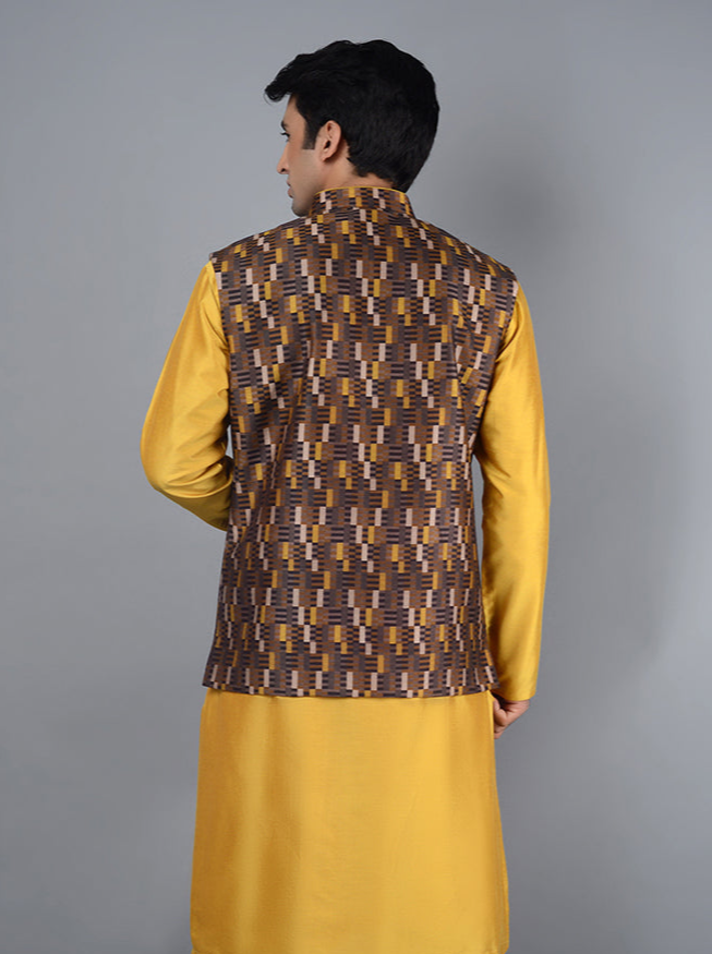 Elegant Yellow & Brown Bandhgala Jacket | Luxurious Silk Blend with Intricate Prints