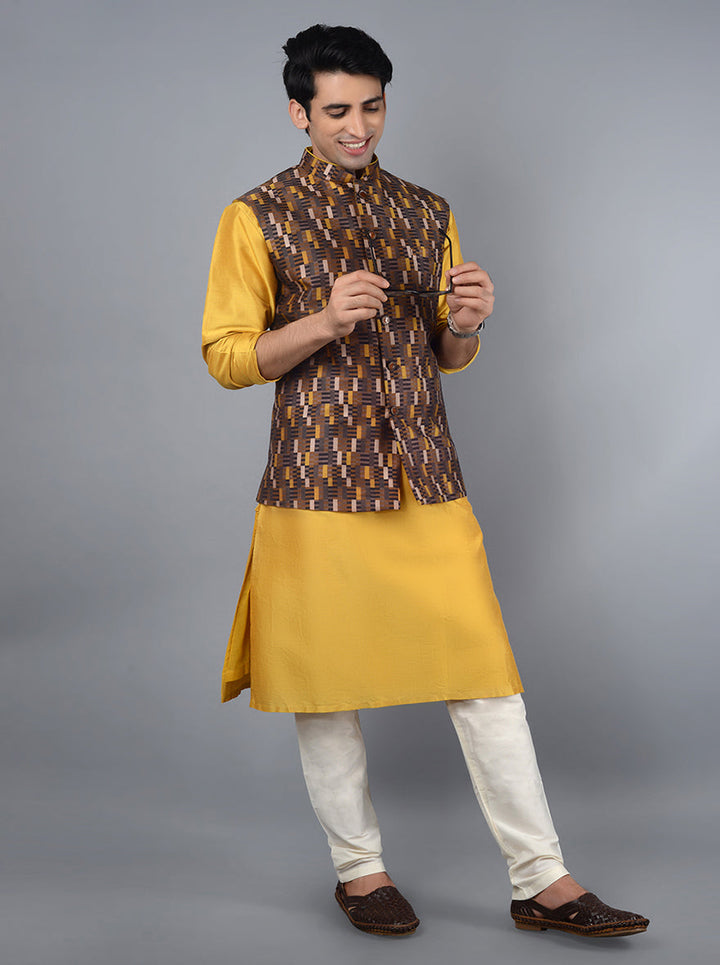 Elegant Yellow & Brown Bandhgala Jacket | Luxurious Silk Blend with Intricate Prints