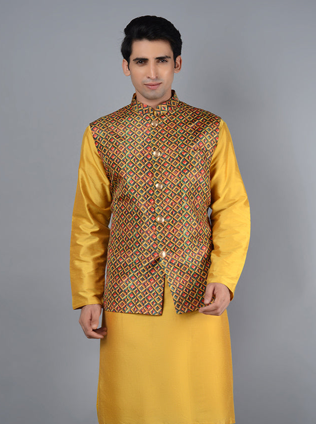 Elegant Yellow Bandhgala Jacket | Luxurious Silk Blend with Intricate Prints