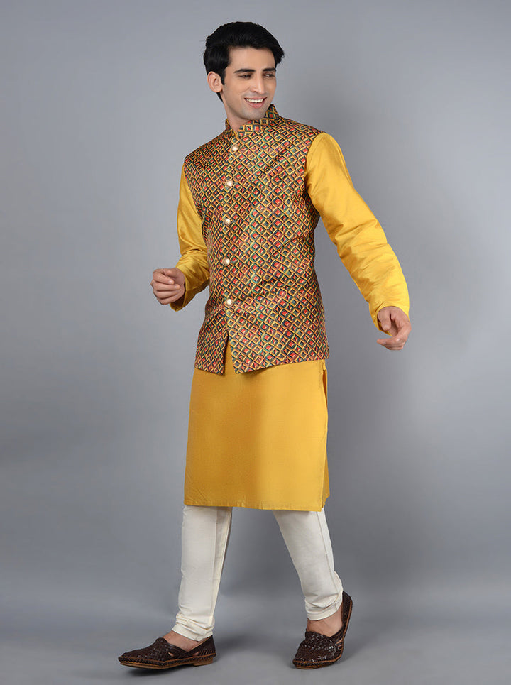 Chic yellow Bandhgala jacket featuring intricate designs, perfect for enhancing your festive wardrobe.