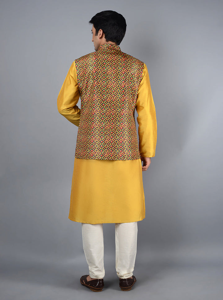 Premium yellow Bandhgala jacket crafted from silk blend, ideal for making an impression at special events.