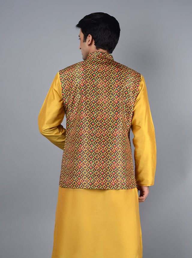 Elegant Yellow Bandhgala Jacket | Luxurious Silk Blend with Intricate Prints