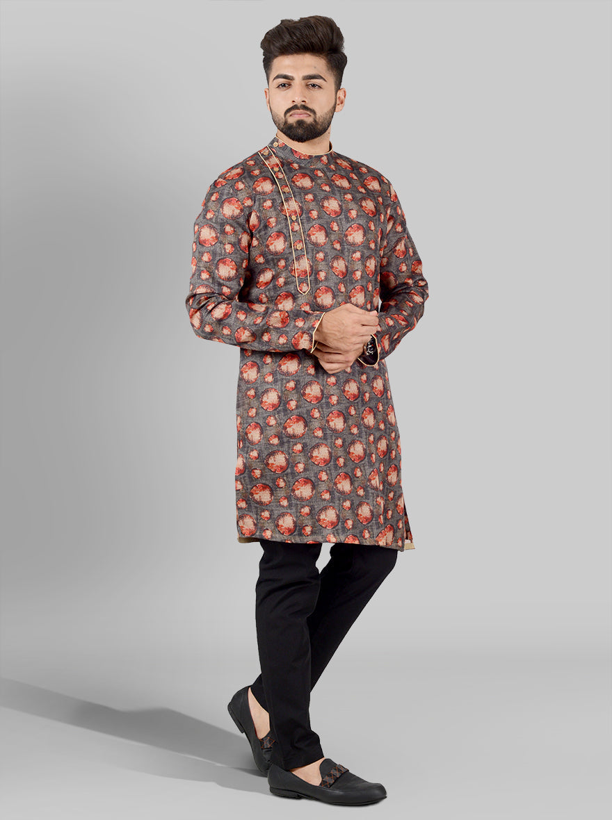 Trendy gray kurta with mandarin collar, perfect for adding a touch of style to casual or festive attire.