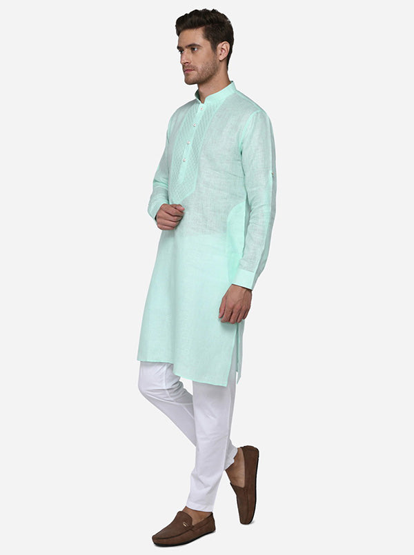 Mint green kurta set with self-texture, ideal for trendy outings in the USA.