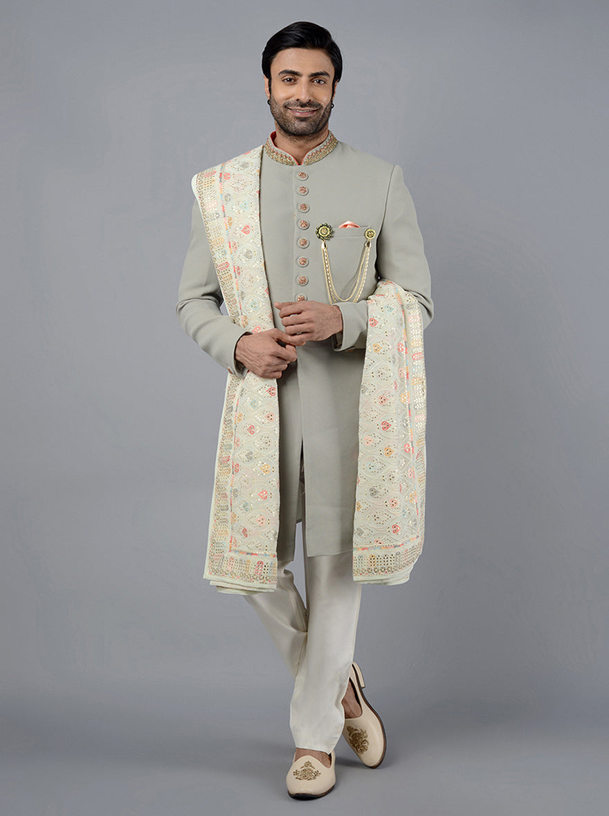 Silk blend Pista Green Indowestern with sadi embroidery for traditional events