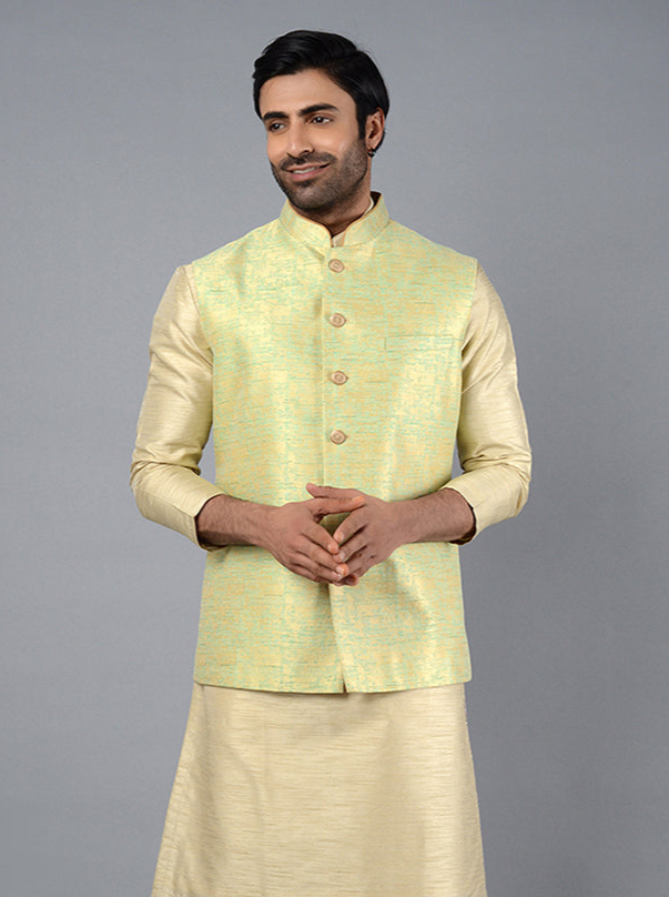 Elegant Green Bandhgala | Men’s Silk Jacquard Nehru Jacket Style