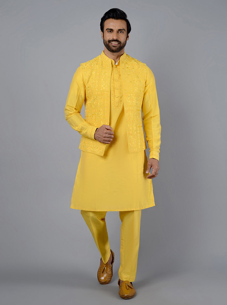 Comfortable Yellow Embroidered Kurta Pajama in silk blend, ideal for enhancing your traditional wardrobe.