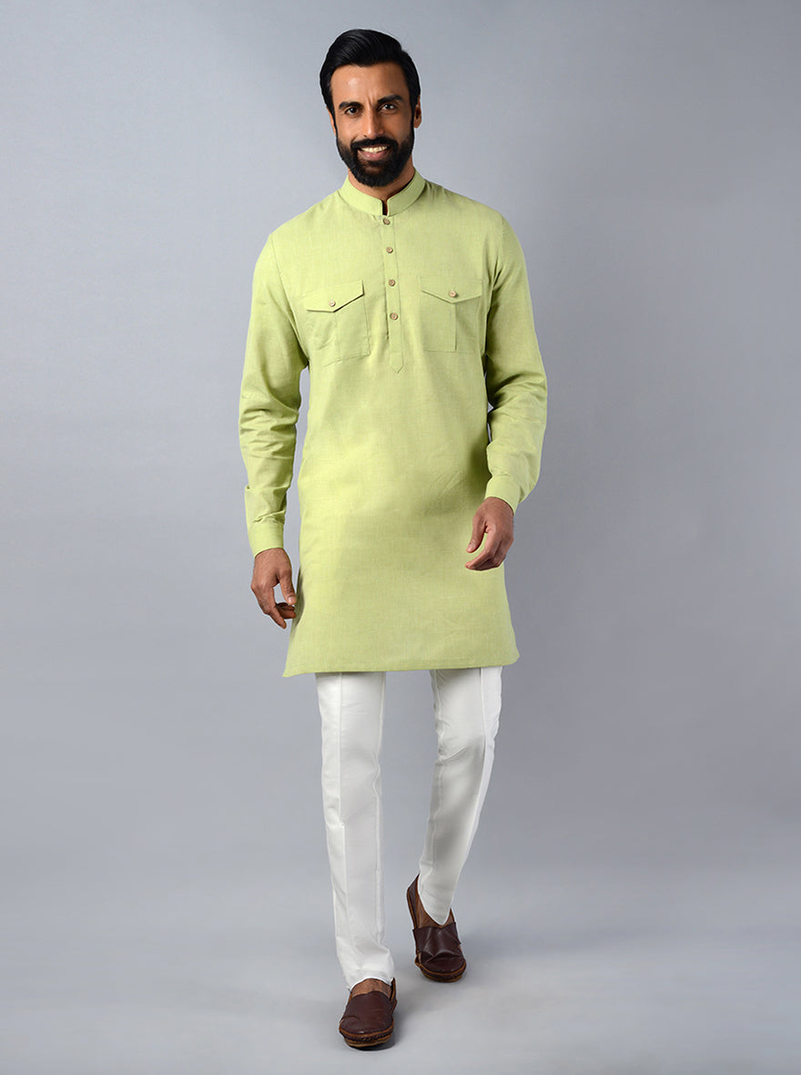 Embrace sophistication in our khadi blend green kurta set, designed for every occasion.