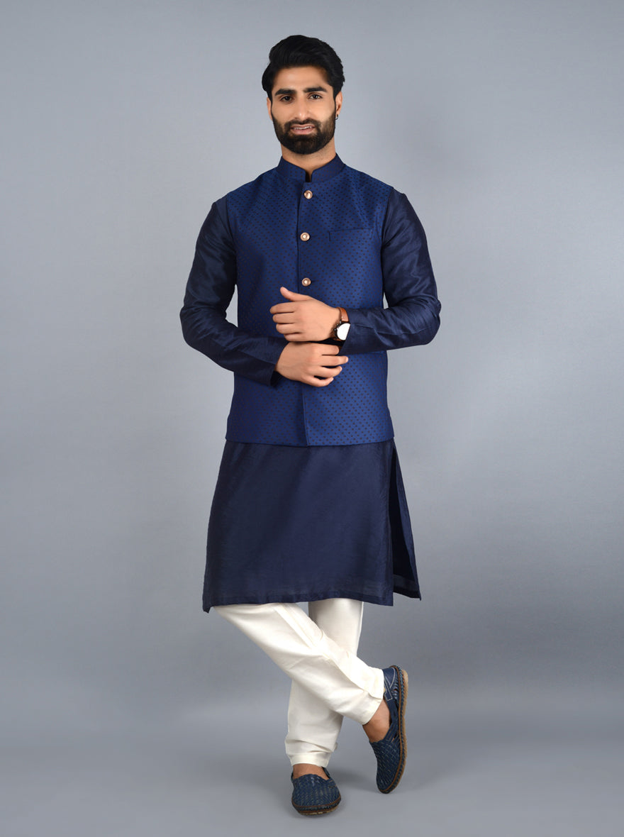 Luxurious navy blue Bandhgala jacket crafted from silk jacquard, perfect for making an impression at events.