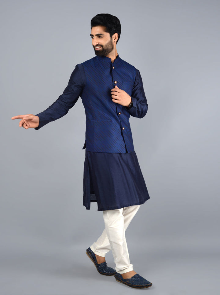 Premium navy blue Bandhgala jacket with refined detailing, ideal for weddings and formal gatherings.