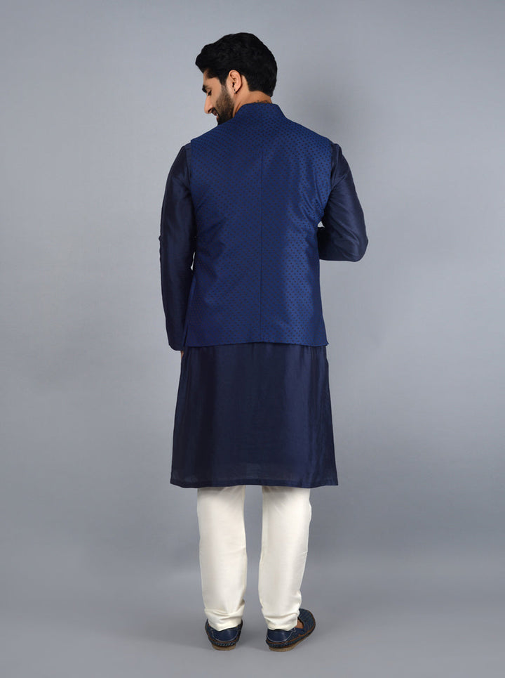 Sophisticated navy blue Bandhgala jacket designed for elegance during festive celebrations.