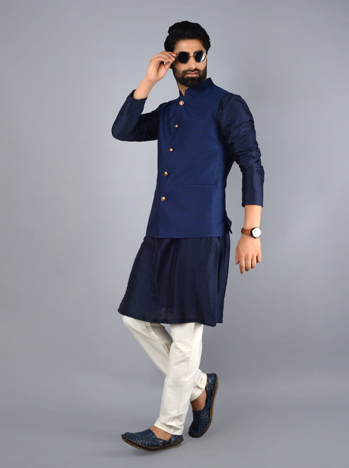 Navy blue Bandhgala jacket made from silk jacquard, perfect for enhancing your formal wardrobe.