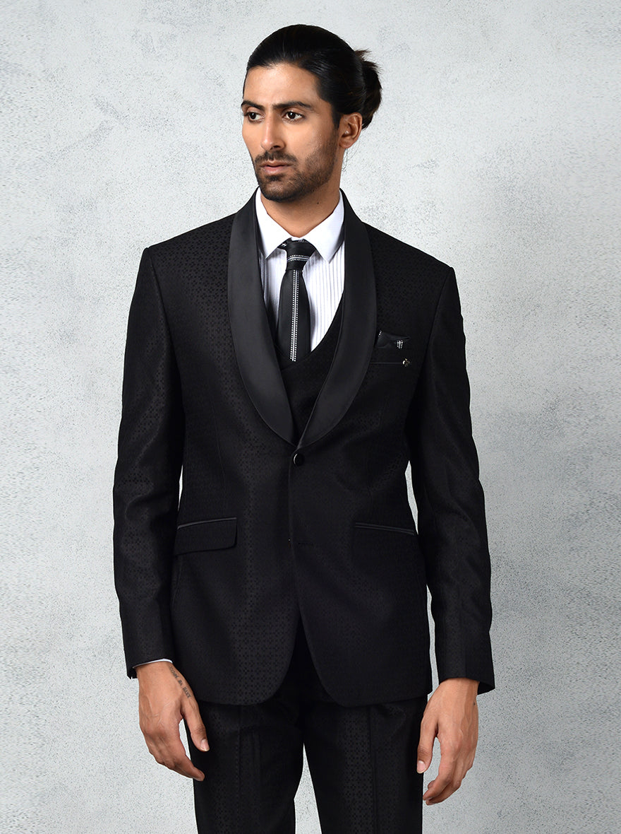 Designer black tuxedo suit, perfect for formal occasions, proms, and special events with elegant styling.