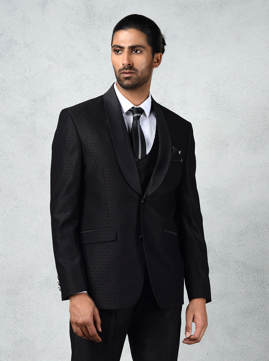 Stylish black tuxedo suit designed for formal occasions, proms, and elegant events with a sophisticated look.