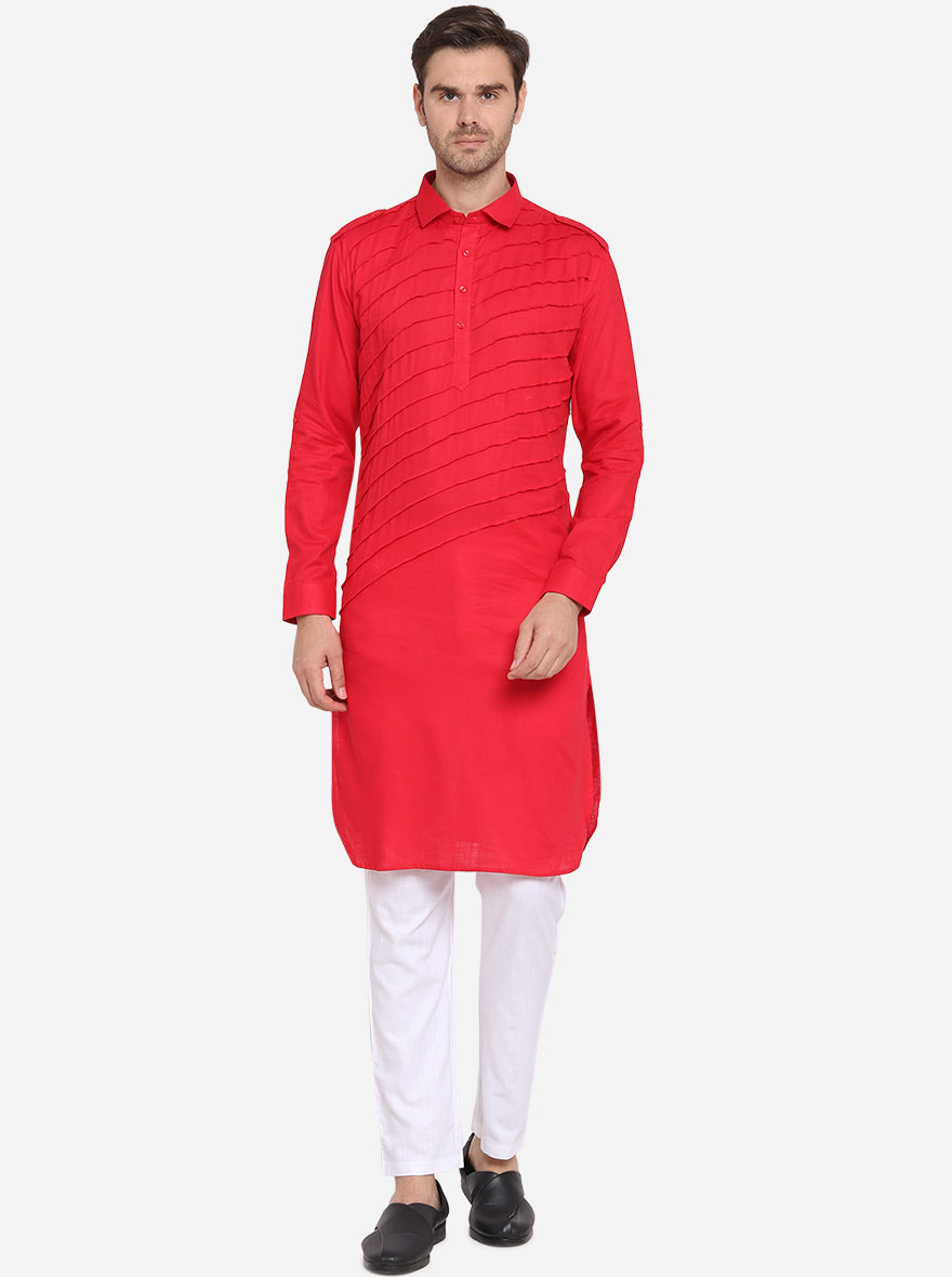 Celebrate in style with our red linen Pathani set, ideal for festive gatherings.