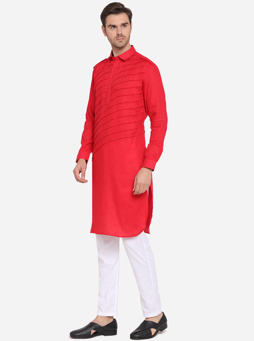 Stylish red Pathani set for men, perfect for blending comfort and elegance at events.