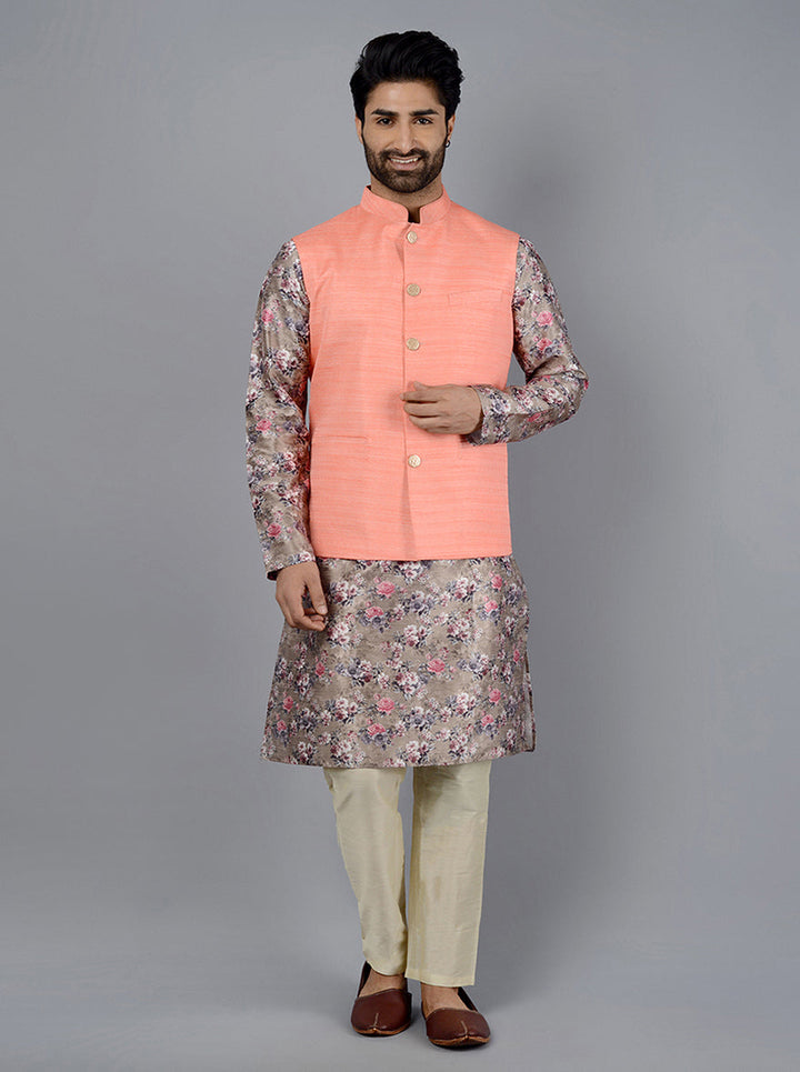 Elevate your festive attire with the Coral Peach Bandhgala Jacket, showcasing a modern self-textured design.