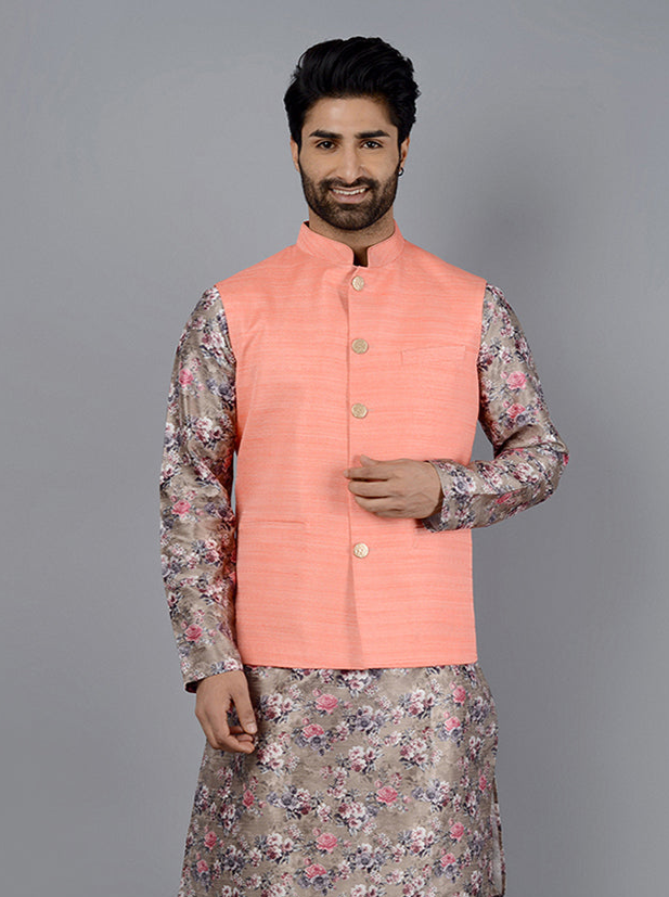 Stylish Coral Bandhgala | Men’s Self-Textured Nehru Jacket