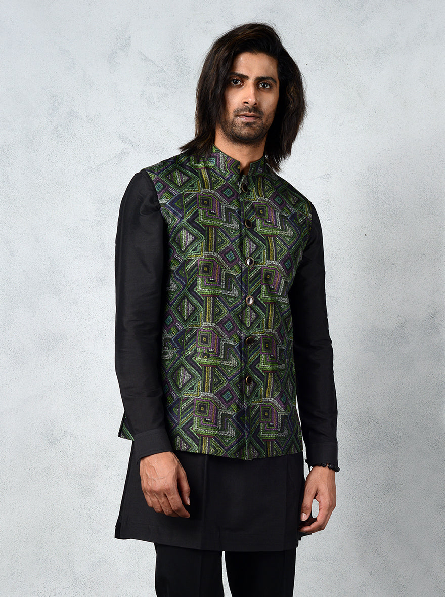 Elegant Bandhgala jacket in green and black, crafted from cotton silk, perfect for sophisticated attire at formal events.