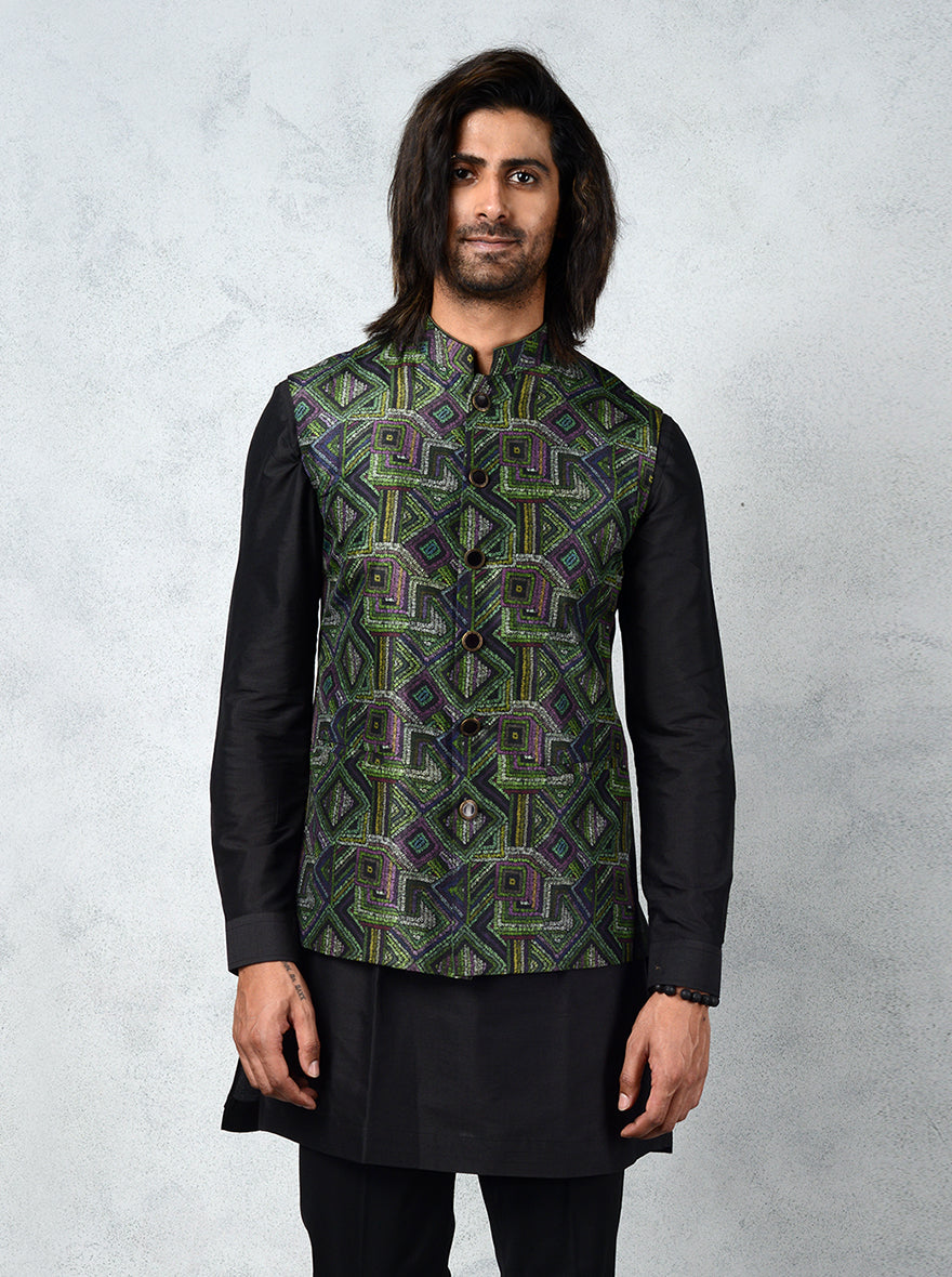 Stylish Green and Black Bandhgala jacket with exquisite detailing, designed for a modern and refined look at gatherings.