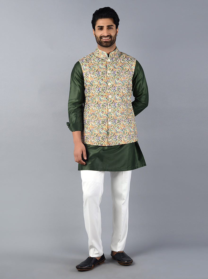 Upgrade your style with this Multi Green Waistcoat, featuring a straight fit and abstract print for festive events.